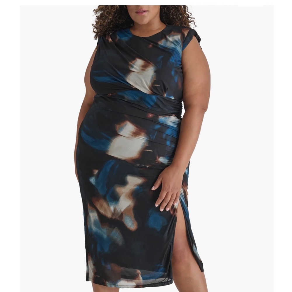 DKNY Mesh Midi Dress Women 20W New Abstract Print Padded Shoulder MSRP $144